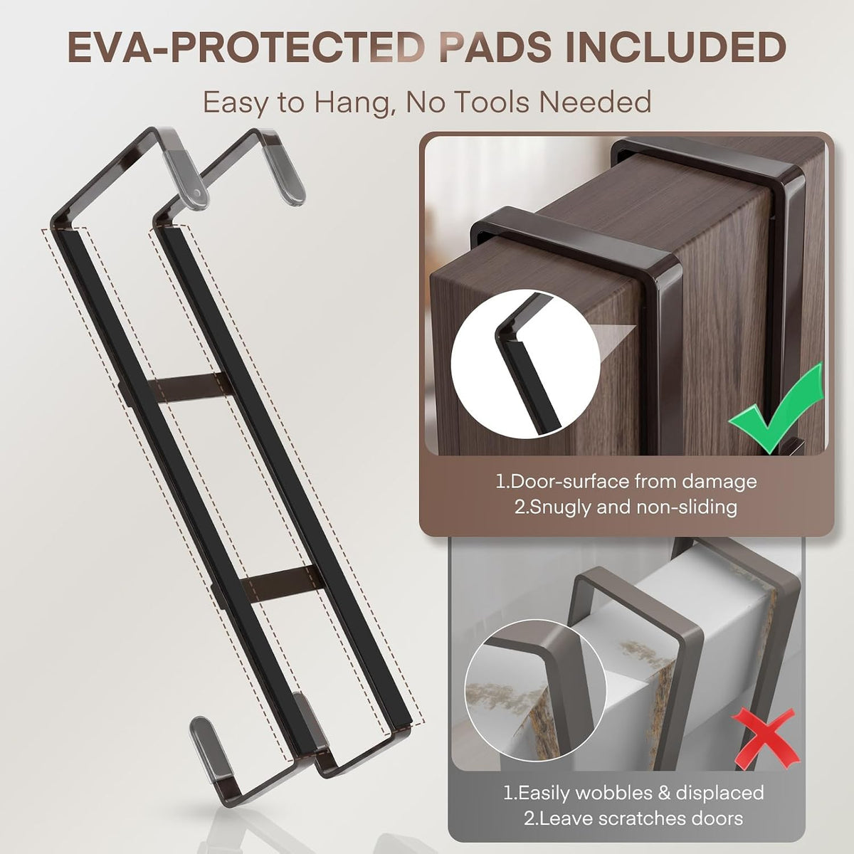Over The Door Hooks, 2 Packs Double Sided-Hanger Fits Door 1-7/8"White