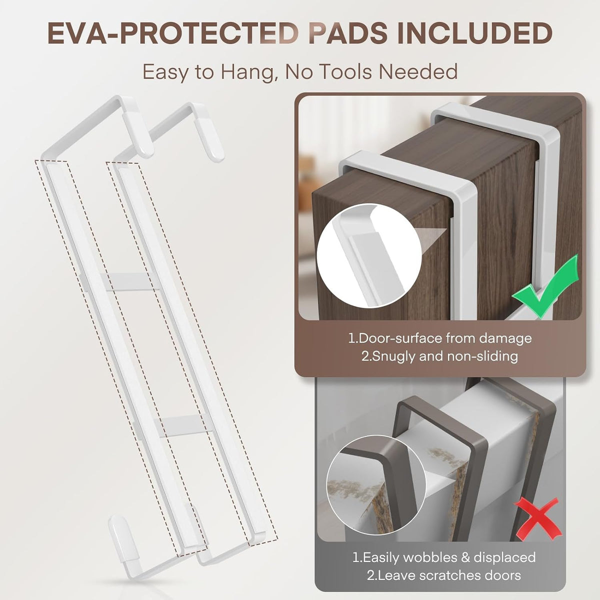 Over The Door Hooks, 2 Packs Double Sided-Hanger Fits Door 1-7/8"White