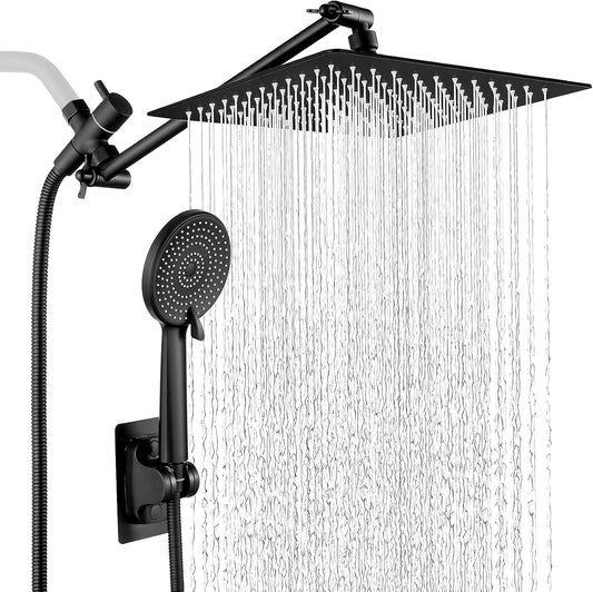 Shower Head Black 10 Inch High Pressure Rain Shower Head with Handheld Spray Combo Adjustable Dual Rainfall Shower Head - Showerhead Comb Set with Extension Arm - 60 Inch Long Shower Hose