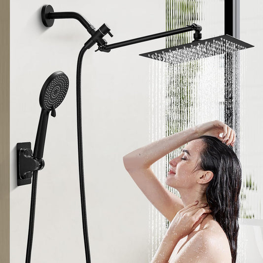 Shower Head Black 10 Inch High Pressure Rain Shower Head with Handheld Spray Combo Adjustable Dual Rainfall Shower Head - Showerhead Comb Set with Extension Arm - 60 Inch Long Shower Hose