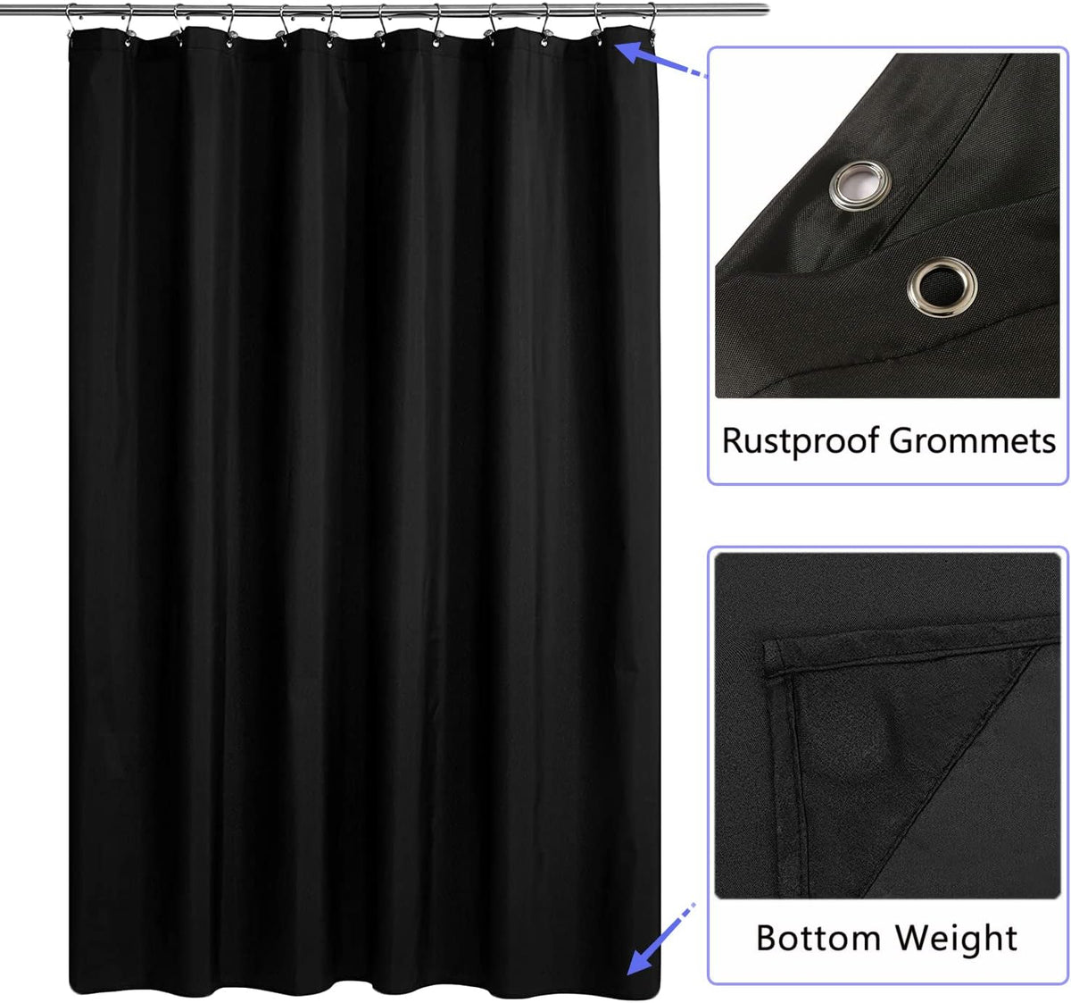 Fabric Shower Curtain Liner, Waterproof Hotel Quality, Bathroom Curtains Rust Resistant Grommets, 72 x 72 Machine Washable (Black) - Colors B