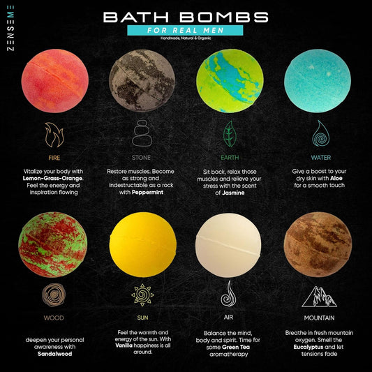 Bath Bombs for Men, Gift Set of 8 Scented Organic Handmade | Bath Bombs of 2.5 oz with natural essential oils for boyfriend, husband, father or friend