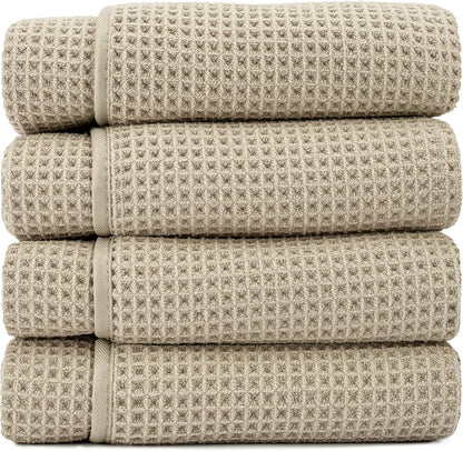 . Aura Waffle Bath Towels, 4 Pack, 30" x 60", White | Quick-Dry, 420GSM, Absorbent Microfiber, Lightweight, Sewn-In Hang Loop, Compact for Home, Gym, and Travel