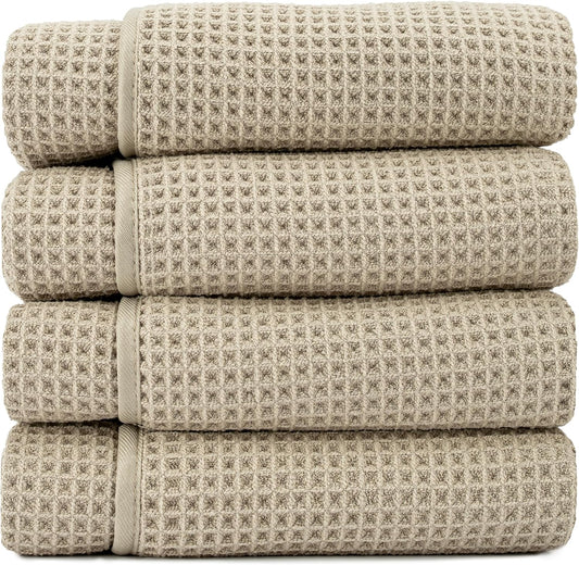 . Aura Waffle Bath Towels, 4 Pack, 30" x 60", White | Quick-Dry, 420GSM, Absorbent Microfiber, Lightweight, Sewn-In Hang Loop, Compact for Home, Gym, and Travel