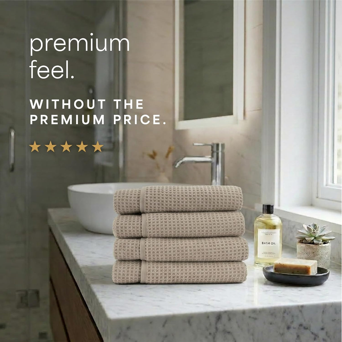 . Aura Waffle Bath Towels, 4 Pack, 30" x 60", White | Quick-Dry, 420GSM, Absorbent Microfiber, Lightweight, Sewn-In Hang Loop, Compact for Home, Gym, and Travel