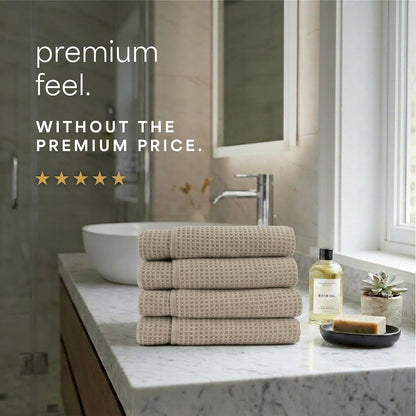. Aura Waffle Bath Towels, 4 Pack, 30" x 60", White | Quick-Dry, 420GSM, Absorbent Microfiber, Lightweight, Sewn-In Hang Loop, Compact for Home, Gym, and Travel