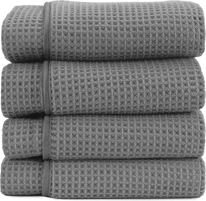 . Aura Waffle Bath Towels, 4 Pack, 30" x 60", White | Quick-Dry, 420GSM, Absorbent Microfiber, Lightweight, Sewn-In Hang Loop, Compact for Home, Gym, and Travel