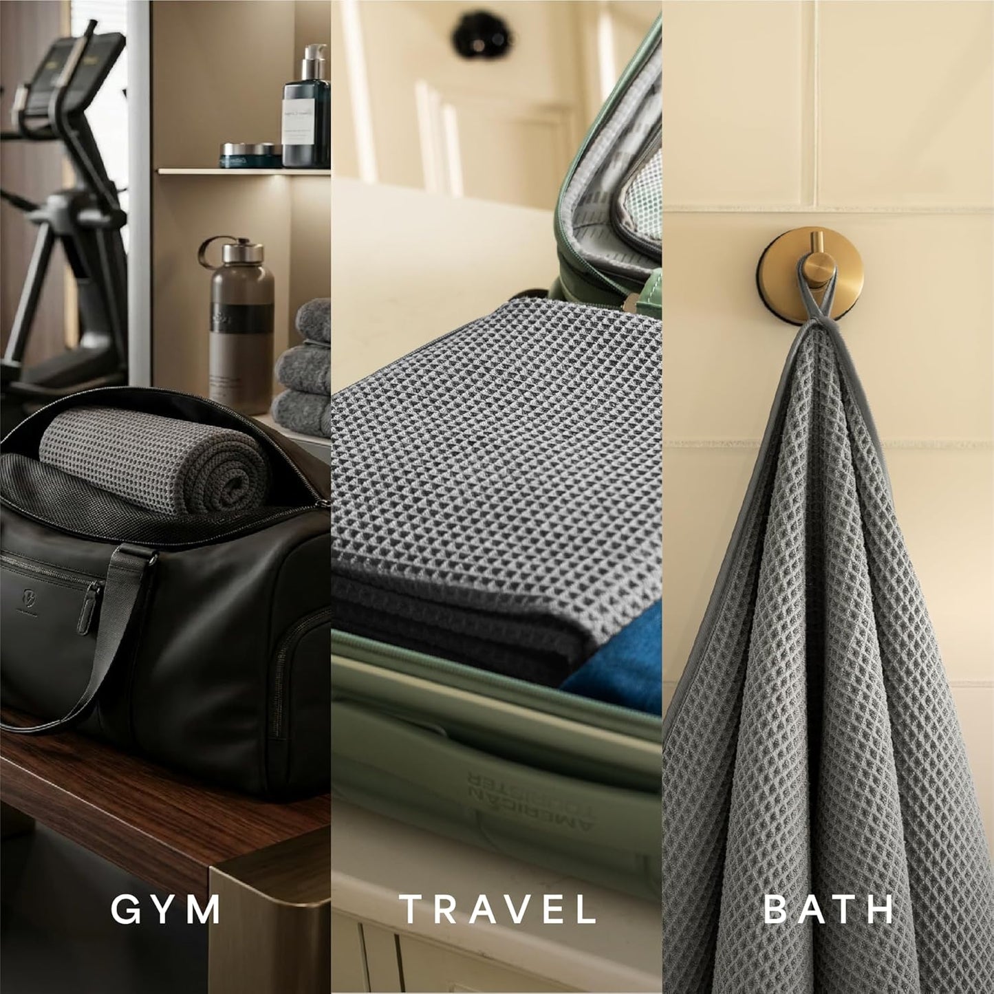 . Aura Waffle Bath Towels, 4 Pack, 30" x 60", White | Quick-Dry, 420GSM, Absorbent Microfiber, Lightweight, Sewn-In Hang Loop, Compact for Home, Gym, and Travel
