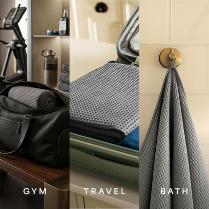 . Aura Waffle Bath Towels, 4 Pack, 30" x 60", White | Quick-Dry, 420GSM, Absorbent Microfiber, Lightweight, Sewn-In Hang Loop, Compact for Home, Gym, and Travel