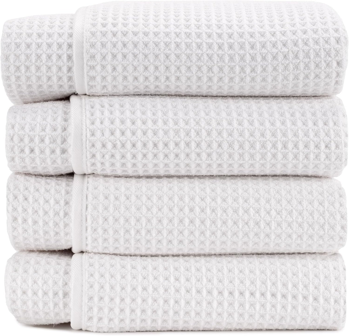 . Aura Waffle Bath Towels, 4 Pack, 30" x 60", White | Quick-Dry, 420GSM, Absorbent Microfiber, Lightweight, Sewn-In Hang Loop, Compact for Home, Gym, and Travel