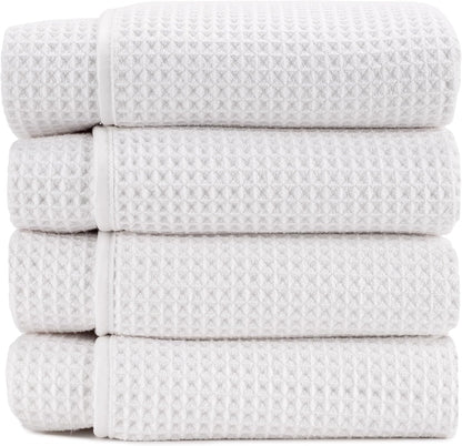 . Aura Waffle Bath Towels, 4 Pack, 30" x 60", White | Quick-Dry, 420GSM, Absorbent Microfiber, Lightweight, Sewn-In Hang Loop, Compact for Home, Gym, and Travel