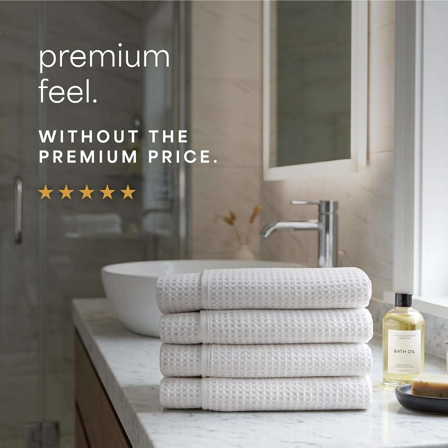 . Aura Waffle Bath Towels, 4 Pack, 30" x 60", White | Quick-Dry, 420GSM, Absorbent Microfiber, Lightweight, Sewn-In Hang Loop, Compact for Home, Gym, and Travel