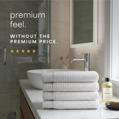 . Aura Waffle Bath Towels, 4 Pack, 30" x 60", White | Quick-Dry, 420GSM, Absorbent Microfiber, Lightweight, Sewn-In Hang Loop, Compact for Home, Gym, and Travel