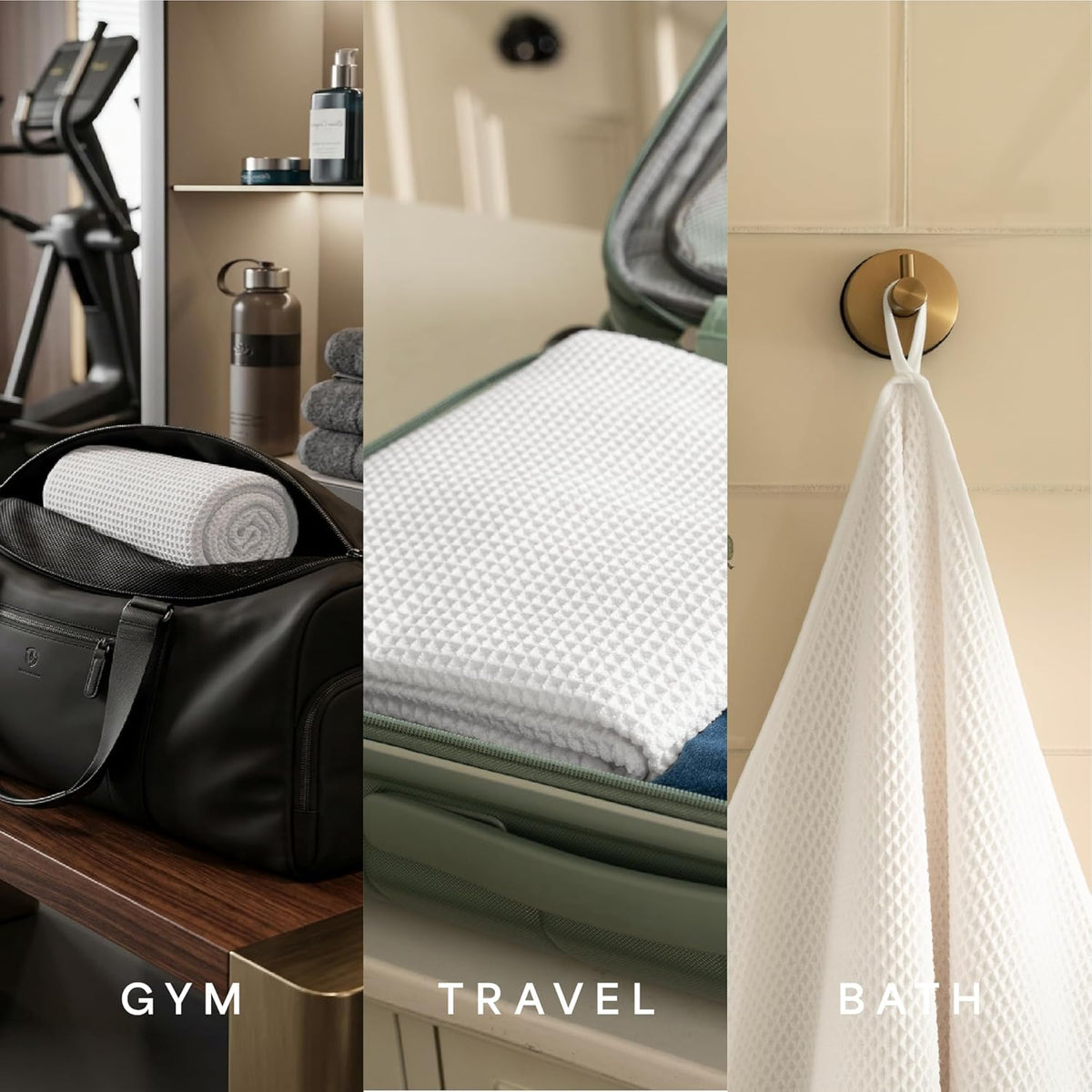 . Aura Waffle Bath Towels, 4 Pack, 30" x 60", White | Quick-Dry, 420GSM, Absorbent Microfiber, Lightweight, Sewn-In Hang Loop, Compact for Home, Gym, and Travel
