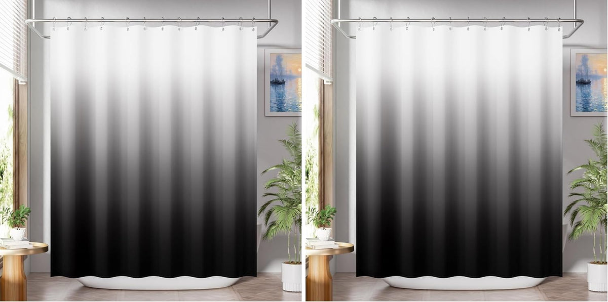 Shower Curtain, Cloth Ombre Black Shower Curtain Set with 12 Hooks, Washable Fabric Black and White Shower Curtain, Rustic Farmhouse Bathroom Shower Curtain, 72x72 Inches