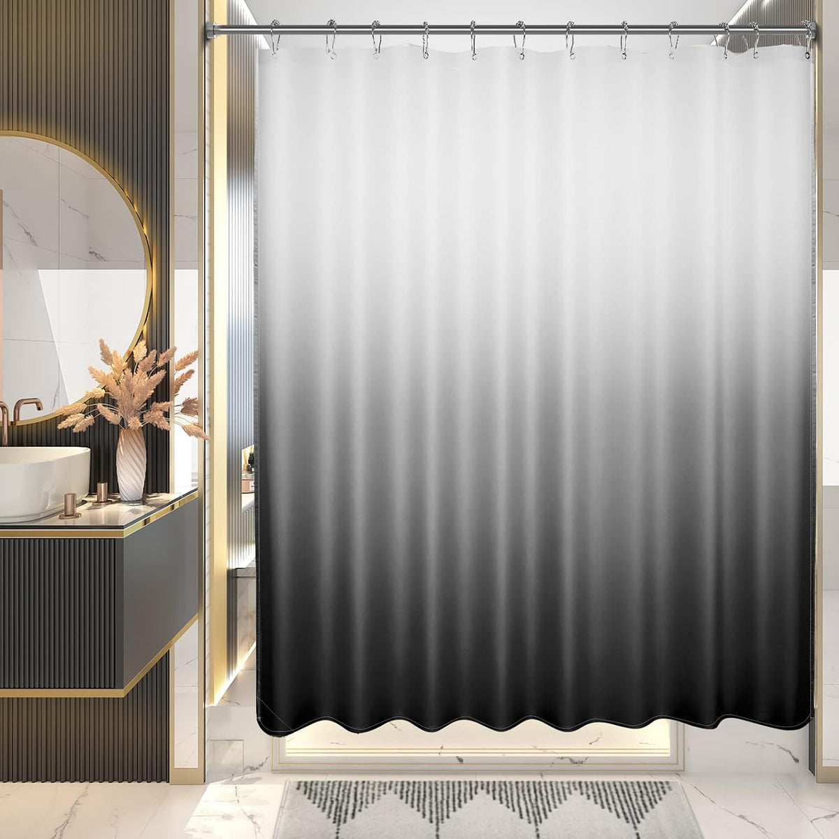 Shower Curtain, Cloth Ombre Black Shower Curtain Set with 12 Hooks, Washable Fabric Black and White Shower Curtain, Rustic Farmhouse Bathroom Shower Curtain, 72x72 Inches