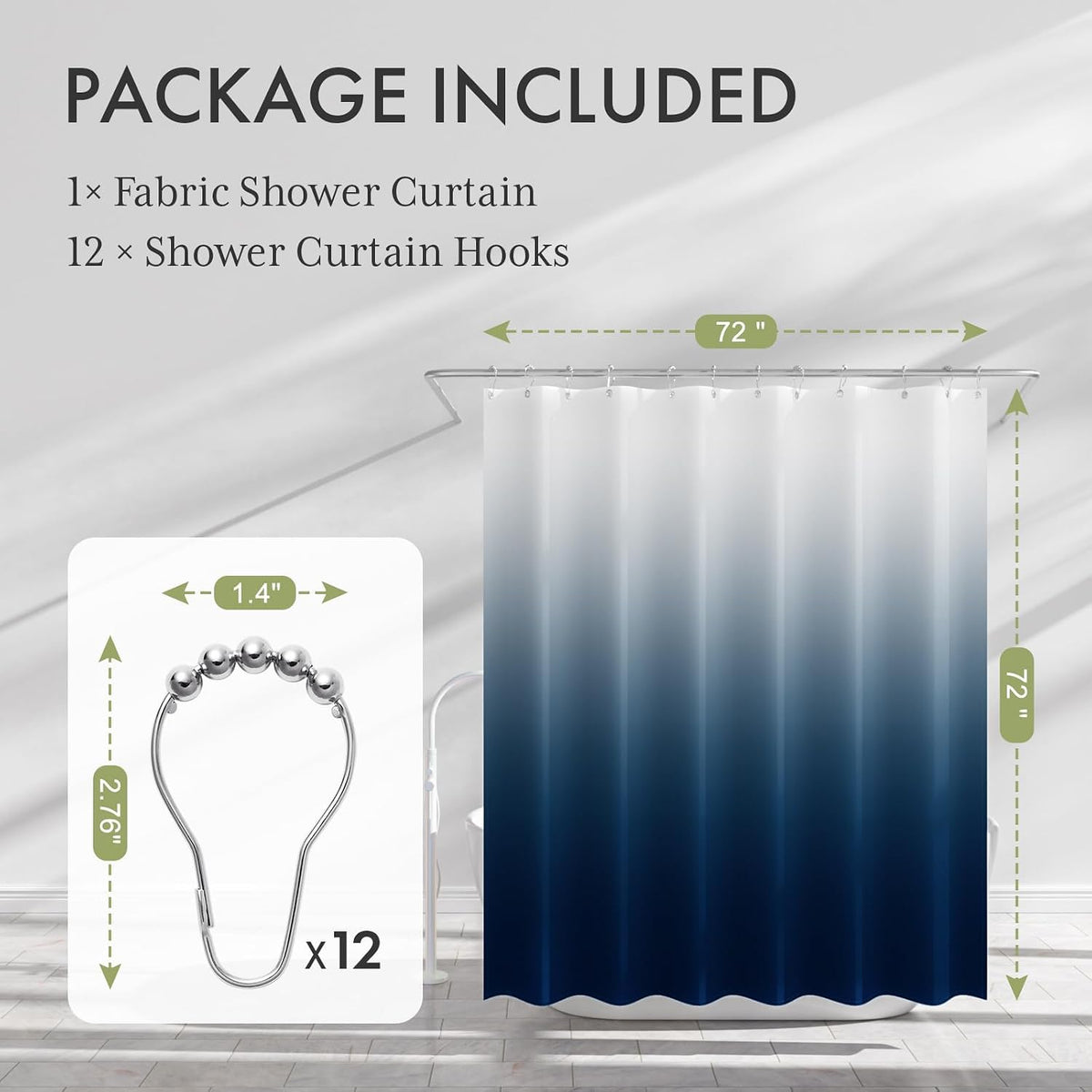 Shower Curtain, Cloth Ombre Black Shower Curtain Set with 12 Hooks, Washable Fabric Black and White Shower Curtain, Rustic Farmhouse Bathroom Shower Curtain, 72x72 Inches