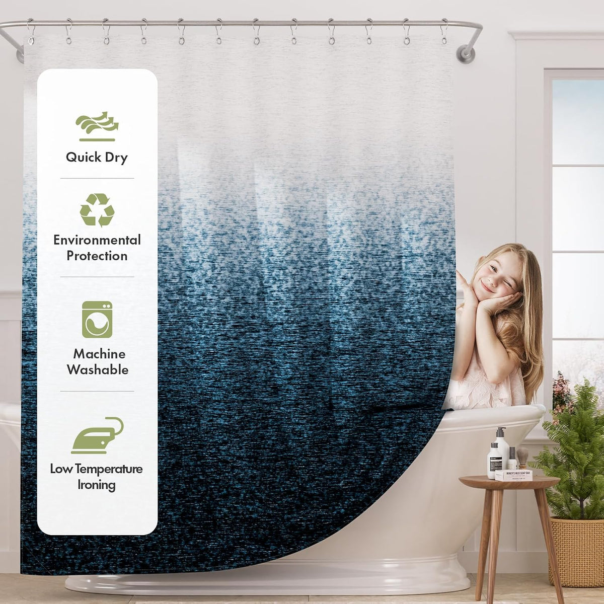 Shower Curtain, Cloth Ombre Black Shower Curtain Set with 12 Hooks, Washable Fabric Black and White Shower Curtain, Rustic Farmhouse Bathroom Shower Curtain, 72x72 Inches