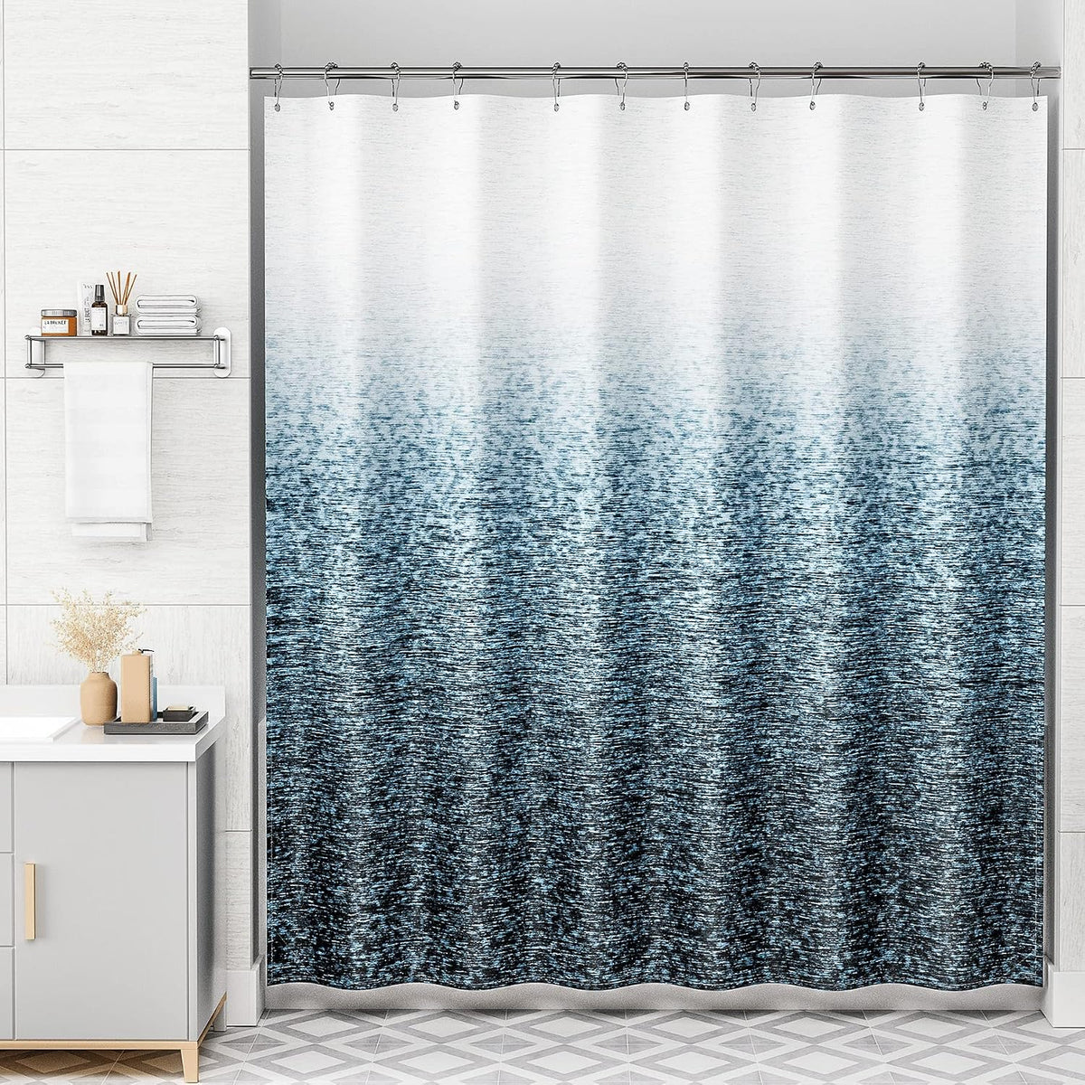 Shower Curtain, Cloth Ombre Black Shower Curtain Set with 12 Hooks, Washable Fabric Black and White Shower Curtain, Rustic Farmhouse Bathroom Shower Curtain, 72x72 Inches