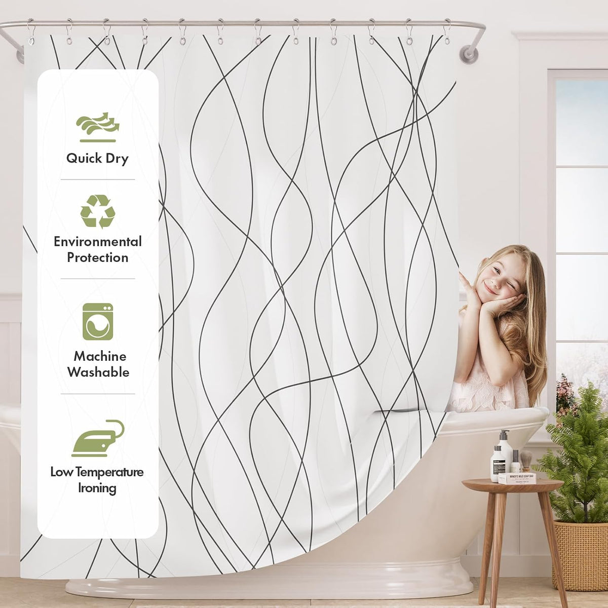 Shower Curtain, Cloth Ombre Black Shower Curtain Set with 12 Hooks, Washable Fabric Black and White Shower Curtain, Rustic Farmhouse Bathroom Shower Curtain, 72x72 Inches