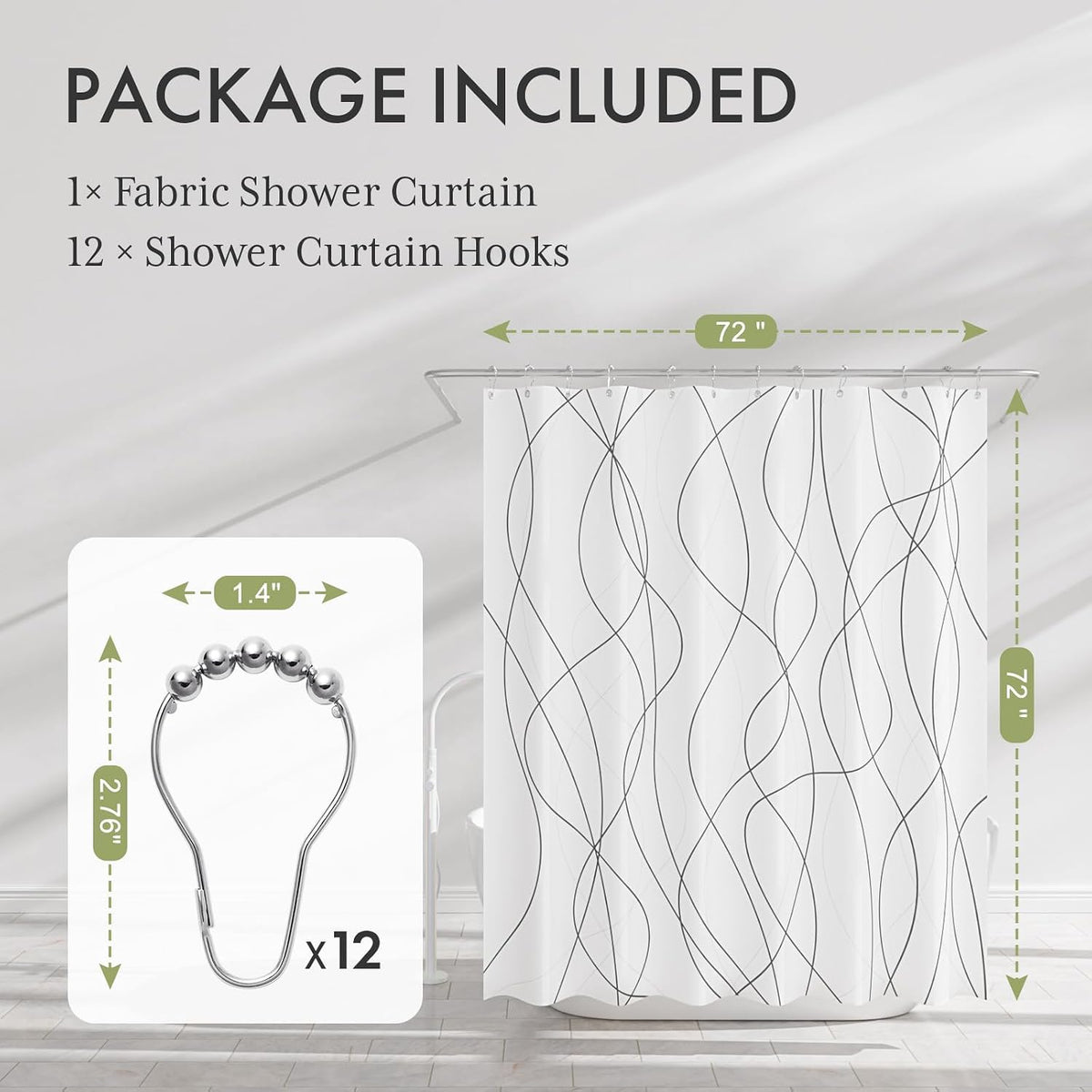 Shower Curtain, Cloth Ombre Black Shower Curtain Set with 12 Hooks, Washable Fabric Black and White Shower Curtain, Rustic Farmhouse Bathroom Shower Curtain, 72x72 Inches