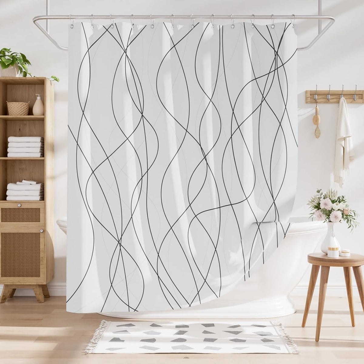 Shower Curtain, Cloth Ombre Black Shower Curtain Set with 12 Hooks, Washable Fabric Black and White Shower Curtain, Rustic Farmhouse Bathroom Shower Curtain, 72x72 Inches