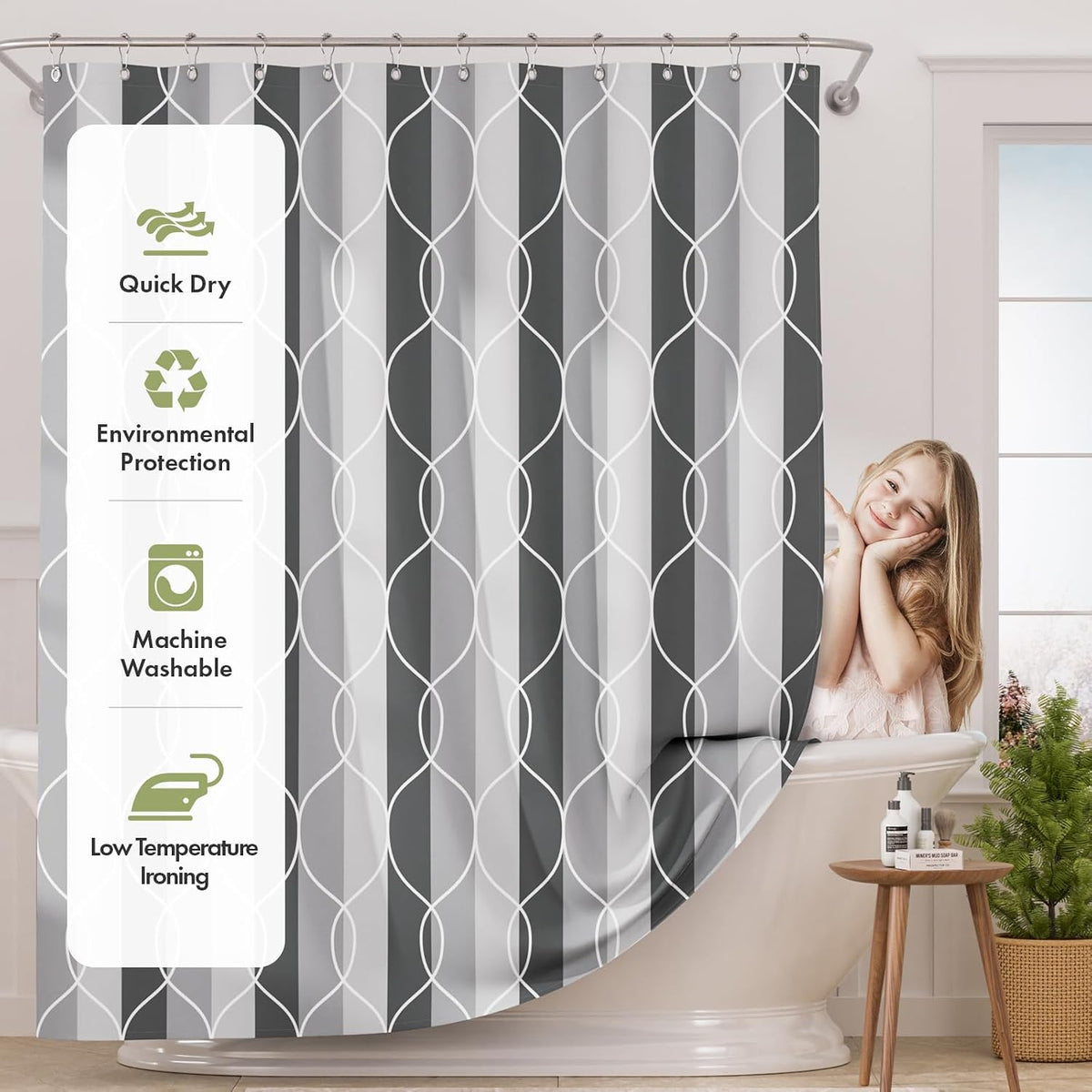 Shower Curtain, Cloth Ombre Black Shower Curtain Set with 12 Hooks, Washable Fabric Black and White Shower Curtain, Rustic Farmhouse Bathroom Shower Curtain, 72x72 Inches