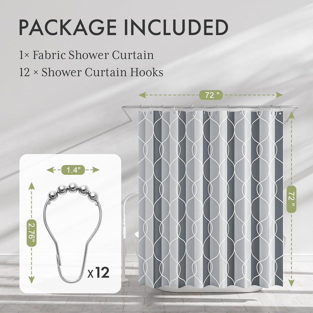 Shower Curtain, Cloth Ombre Black Shower Curtain Set with 12 Hooks, Washable Fabric Black and White Shower Curtain, Rustic Farmhouse Bathroom Shower Curtain, 72x72 Inches