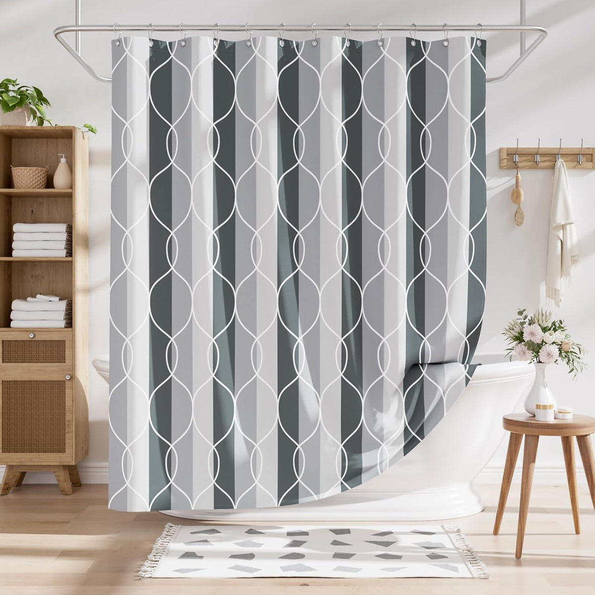 Shower Curtain, Cloth Ombre Black Shower Curtain Set with 12 Hooks, Washable Fabric Black and White Shower Curtain, Rustic Farmhouse Bathroom Shower Curtain, 72x72 Inches