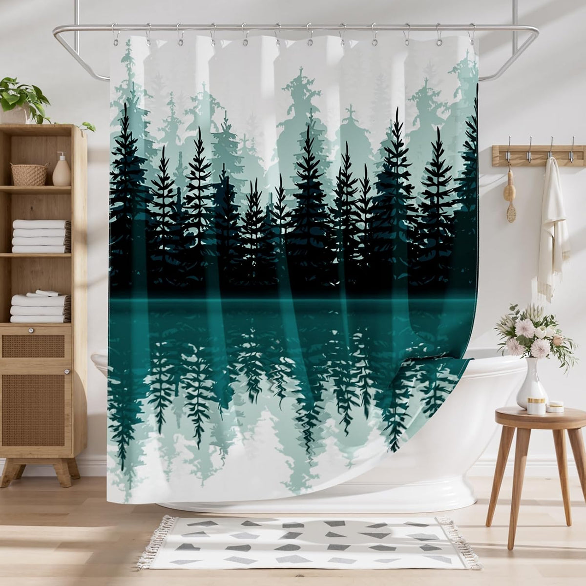 Shower Curtain, Cloth Ombre Black Shower Curtain Set with 12 Hooks, Washable Fabric Black and White Shower Curtain, Rustic Farmhouse Bathroom Shower Curtain, 72x72 Inches