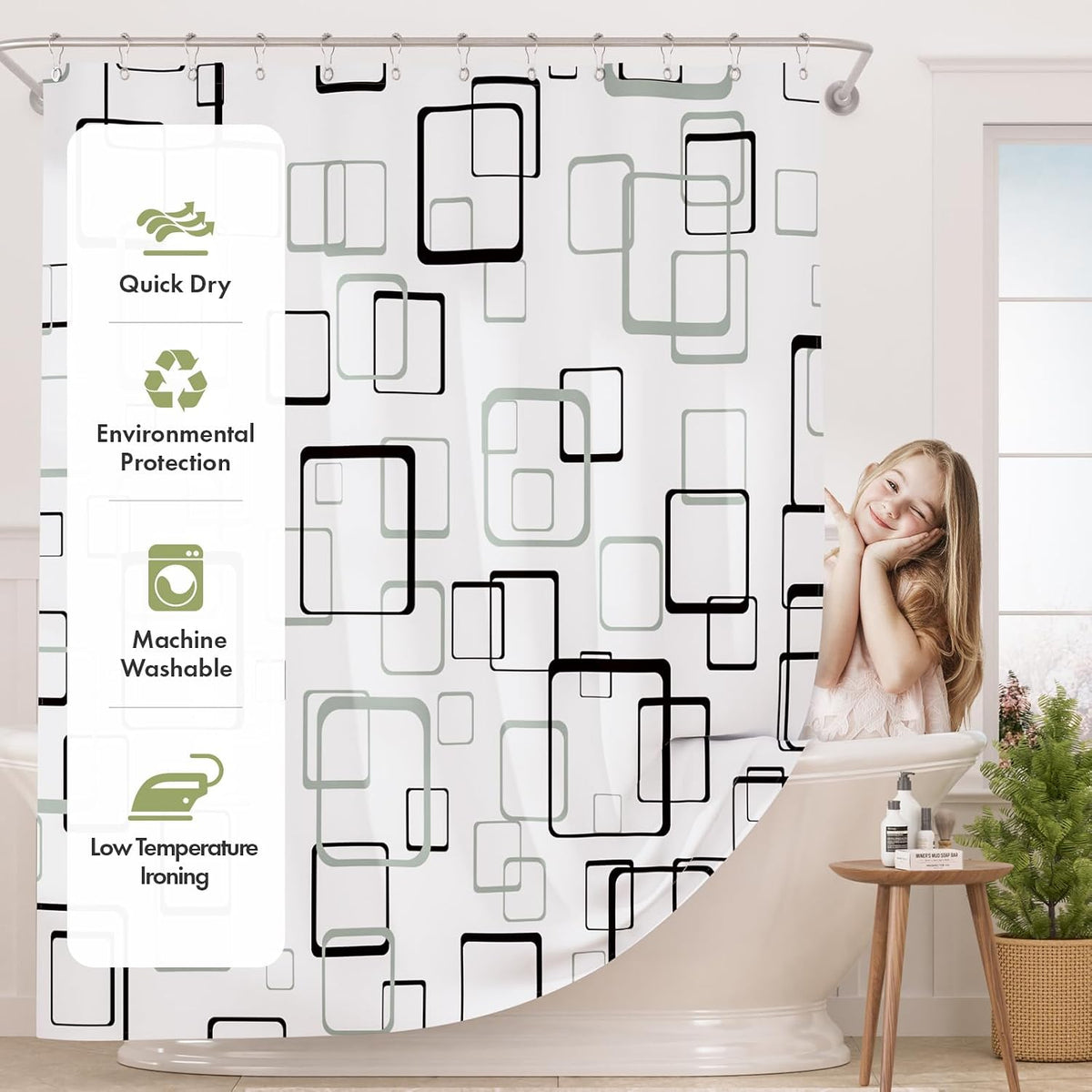 Shower Curtain, Cloth Ombre Black Shower Curtain Set with 12 Hooks, Washable Fabric Black and White Shower Curtain, Rustic Farmhouse Bathroom Shower Curtain, 72x72 Inches