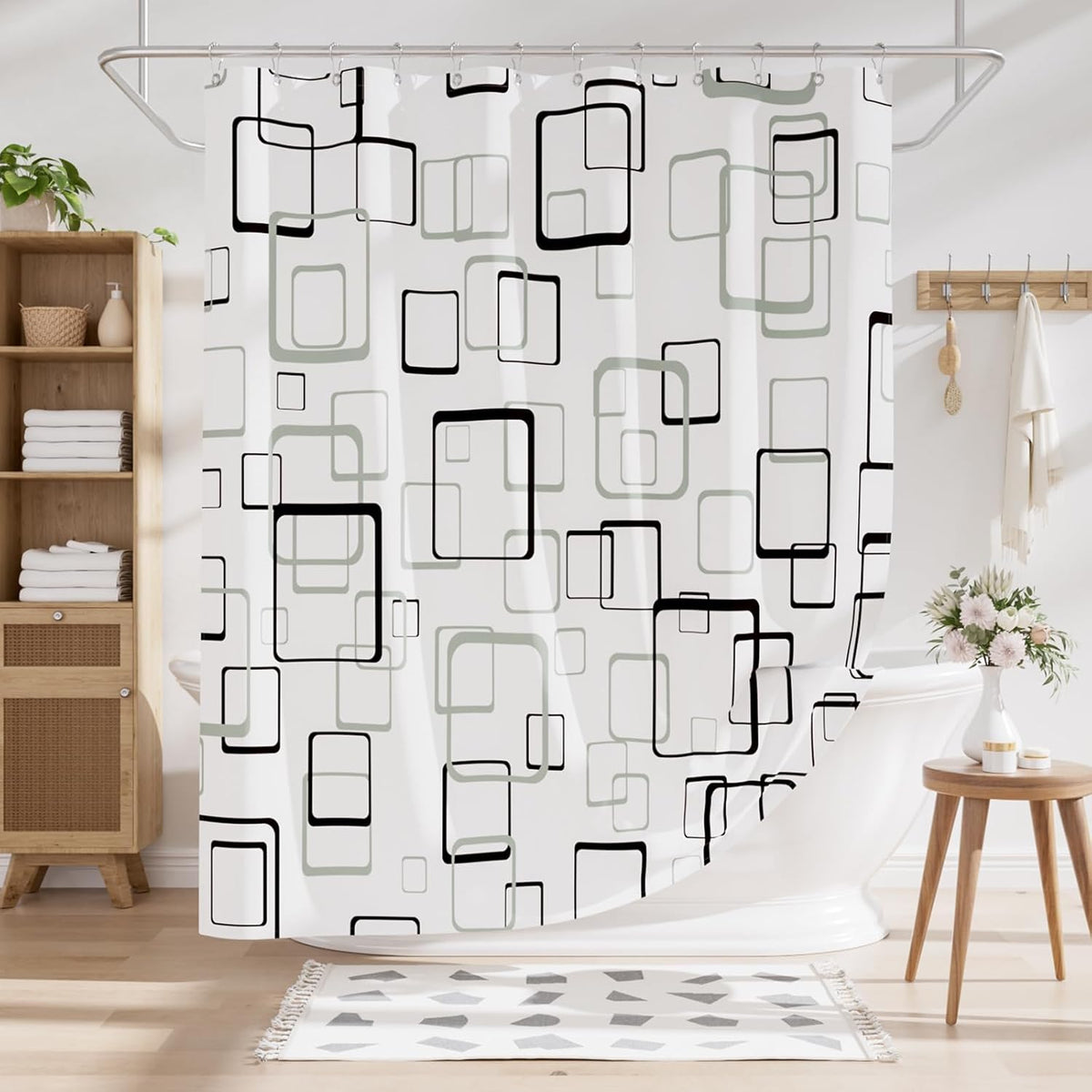 Shower Curtain, Cloth Ombre Black Shower Curtain Set with 12 Hooks, Washable Fabric Black and White Shower Curtain, Rustic Farmhouse Bathroom Shower Curtain, 72x72 Inches