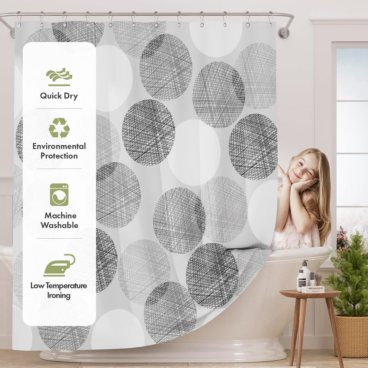 Shower Curtain, Cloth Ombre Black Shower Curtain Set with 12 Hooks, Washable Fabric Black and White Shower Curtain, Rustic Farmhouse Bathroom Shower Curtain, 72x72 Inches