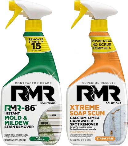 RMR Instant Mold & Mildew Stain Remover Spray + Xtreme Soap Scum Remover, No-Scrub Indoor/Outdoor Cleaning System for Bathroom, Shower, Siding, & Deck, 2–32 Oz Bottles