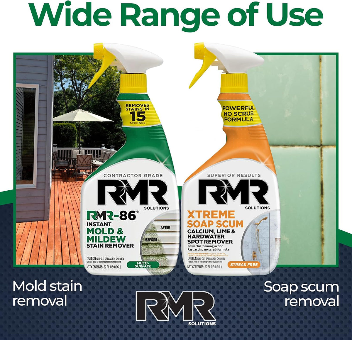 RMR Instant Mold & Mildew Stain Remover Spray + Xtreme Soap Scum Remover, No-Scrub Indoor/Outdoor Cleaning System for Bathroom, Shower, Siding, & Deck, 2–32 Oz Bottles