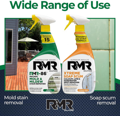 RMR Instant Mold & Mildew Stain Remover Spray + Xtreme Soap Scum Remover, No-Scrub Indoor/Outdoor Cleaning System for Bathroom, Shower, Siding, & Deck, 2–32 Oz Bottles
