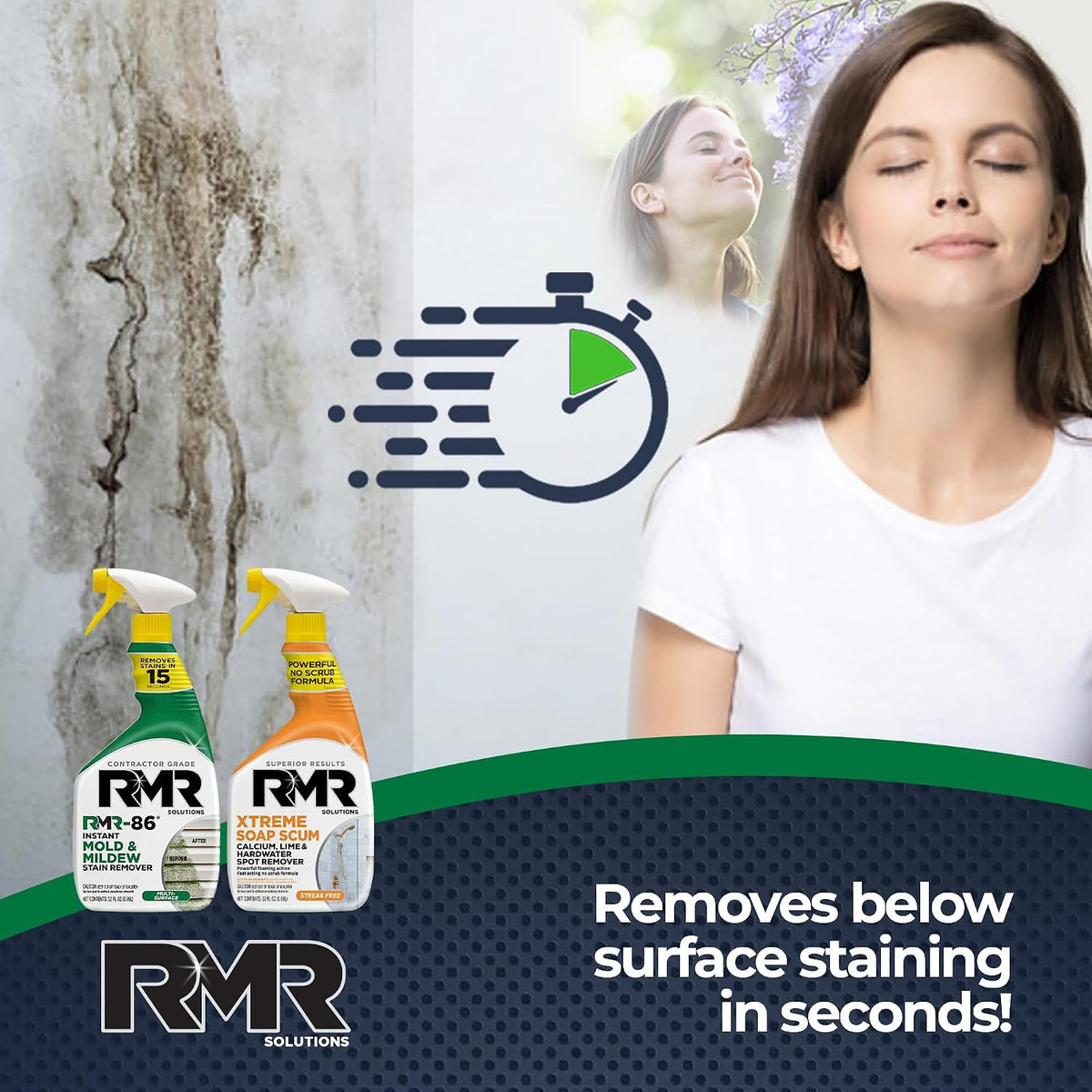 RMR Instant Mold & Mildew Stain Remover Spray + Xtreme Soap Scum Remover, No-Scrub Indoor/Outdoor Cleaning System for Bathroom, Shower, Siding, & Deck, 2–32 Oz Bottles