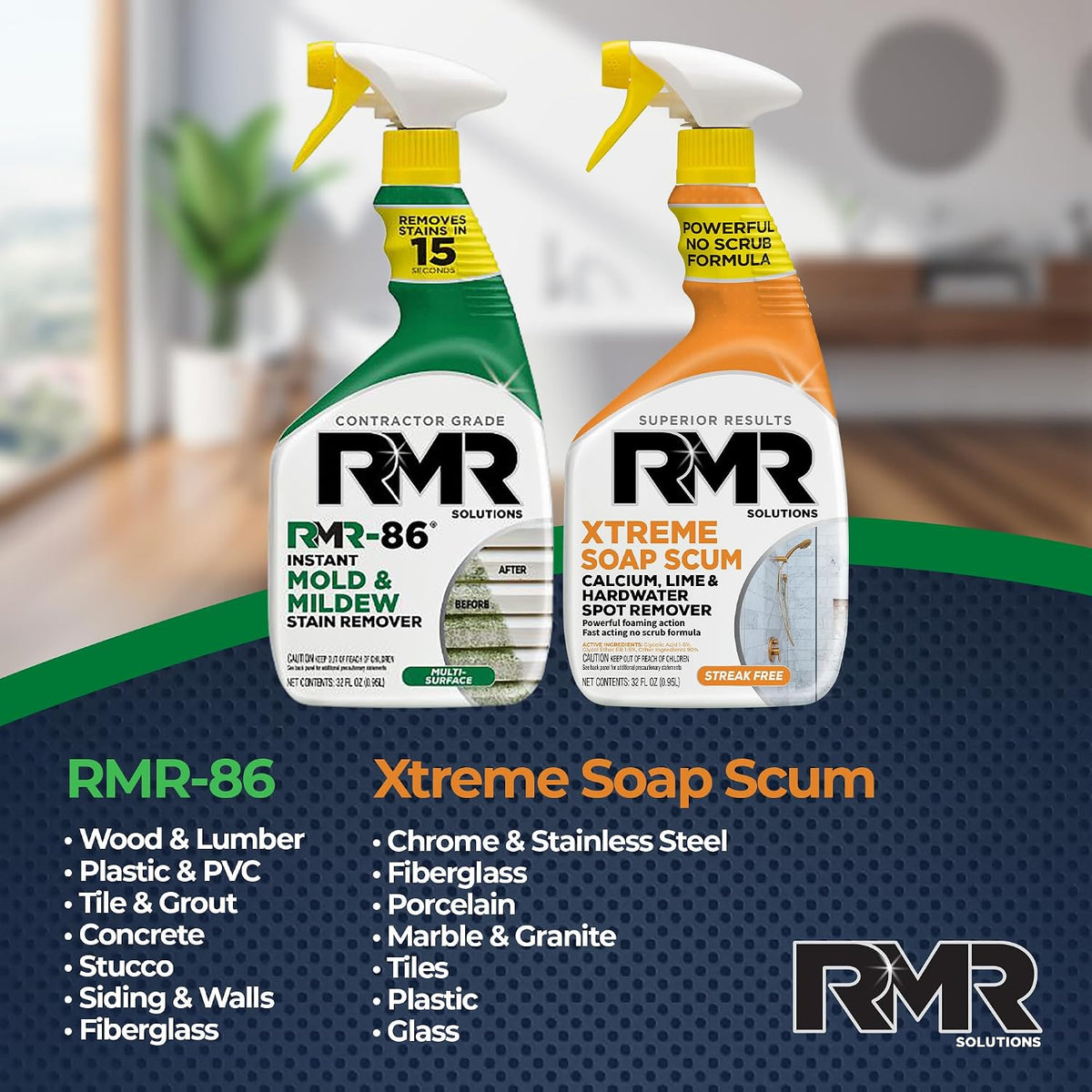 RMR Instant Mold & Mildew Stain Remover Spray + Xtreme Soap Scum Remover, No-Scrub Indoor/Outdoor Cleaning System for Bathroom, Shower, Siding, & Deck, 2–32 Oz Bottles