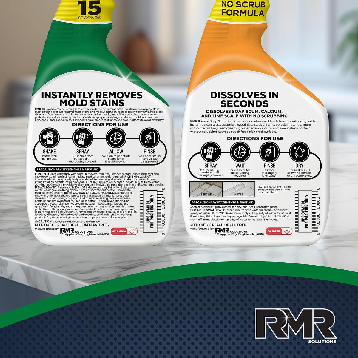 RMR Instant Mold & Mildew Stain Remover Spray + Xtreme Soap Scum Remover, No-Scrub Indoor/Outdoor Cleaning System for Bathroom, Shower, Siding, & Deck, 2–32 Oz Bottles