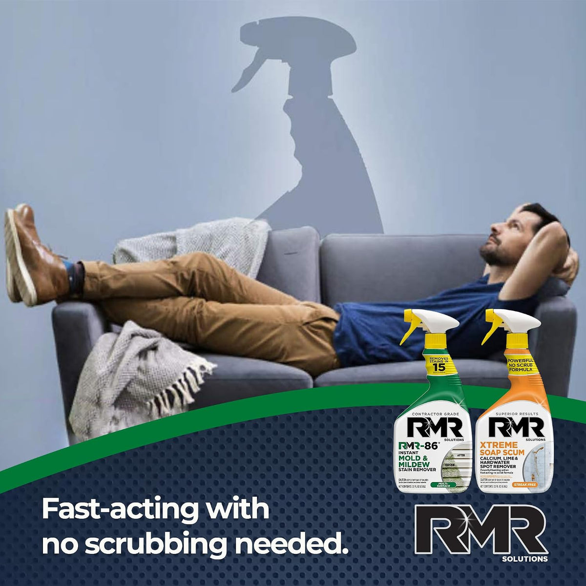 RMR Instant Mold & Mildew Stain Remover Spray + Xtreme Soap Scum Remover, No-Scrub Indoor/Outdoor Cleaning System for Bathroom, Shower, Siding, & Deck, 2–32 Oz Bottles