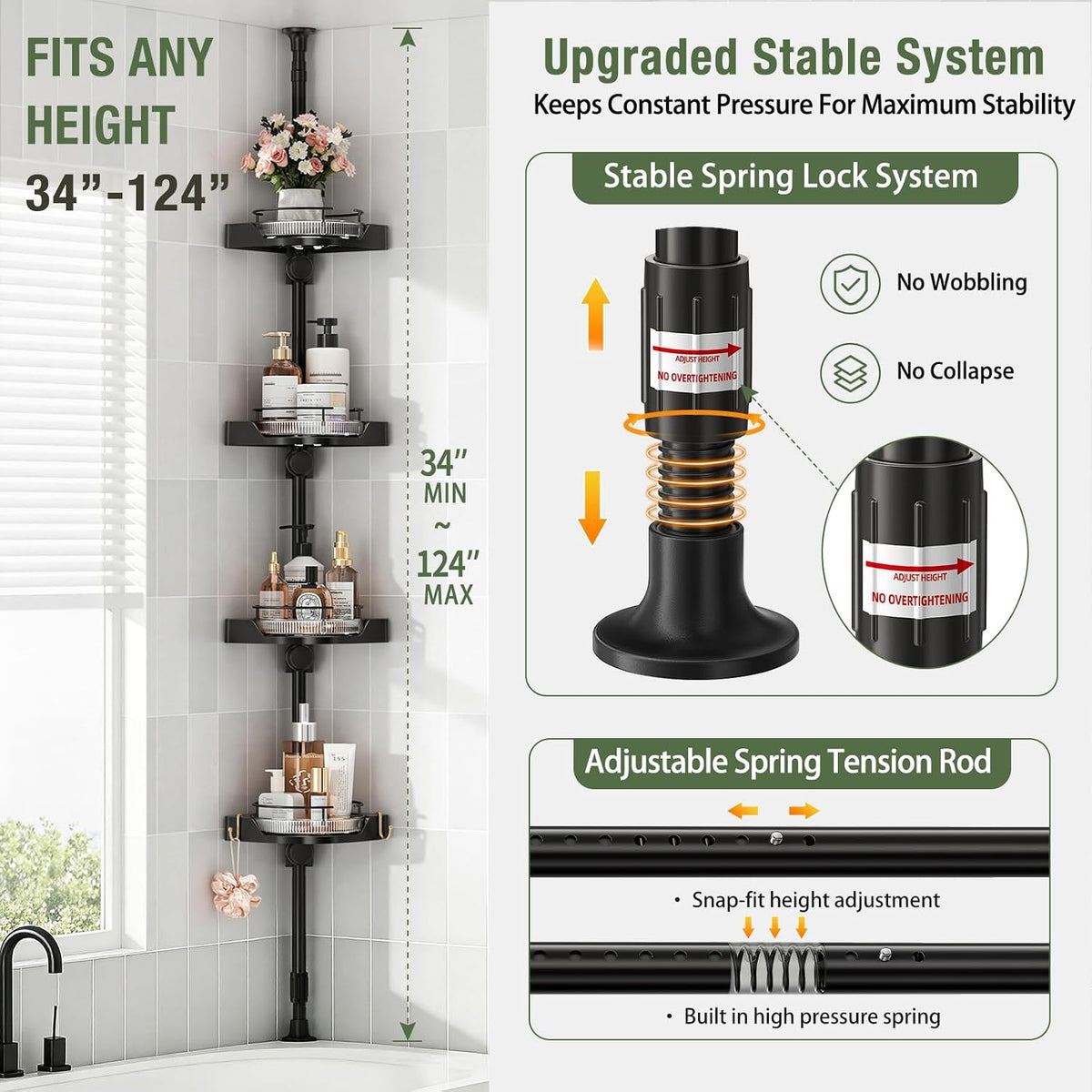 360° Rotating Corner Shower Caddy Tension Pole Organizer, Black