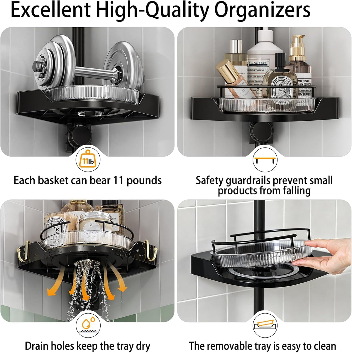 360° Rotating Corner Shower Caddy Tension Pole Organizer, Black