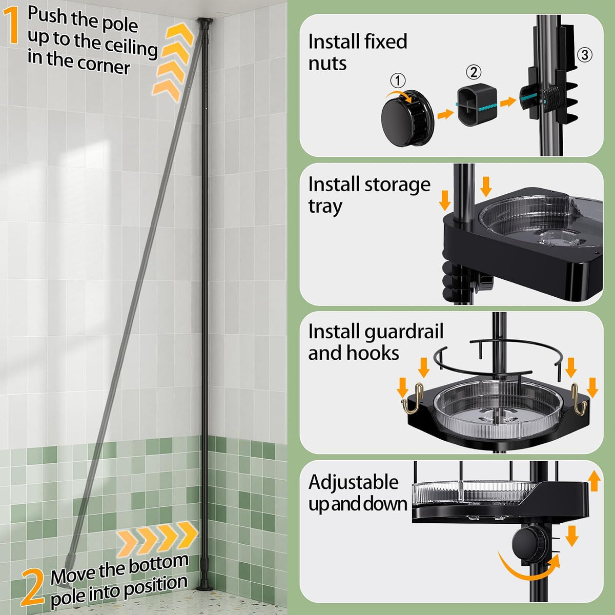 360° Rotating Corner Shower Caddy Tension Pole Organizer, Black