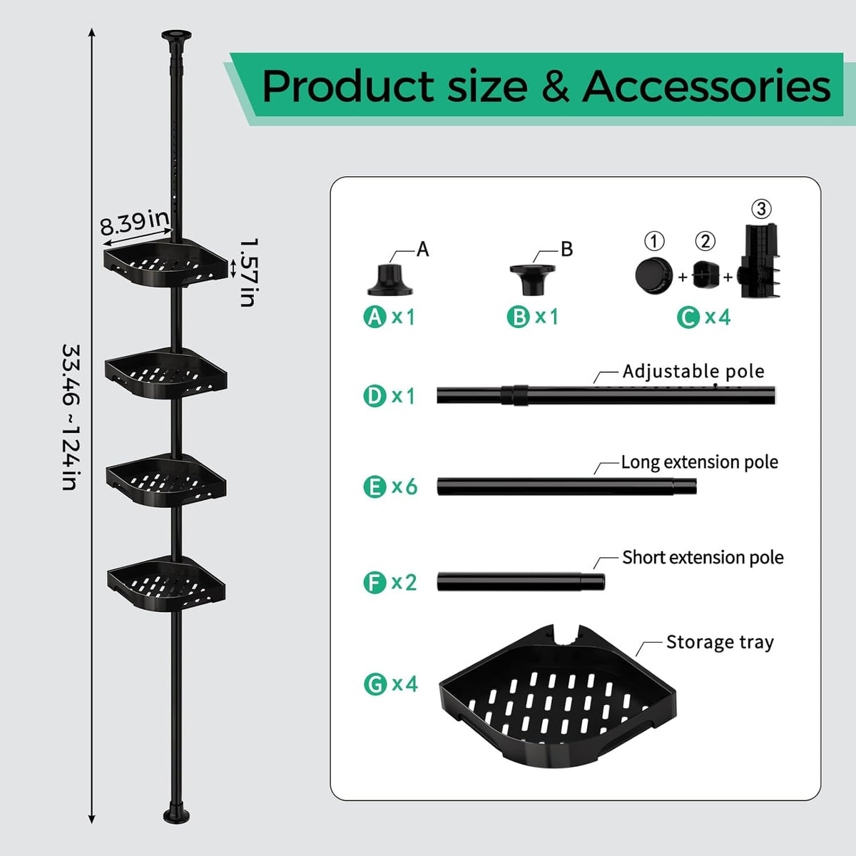 360° Rotating Corner Shower Caddy Tension Pole Organizer, Black
