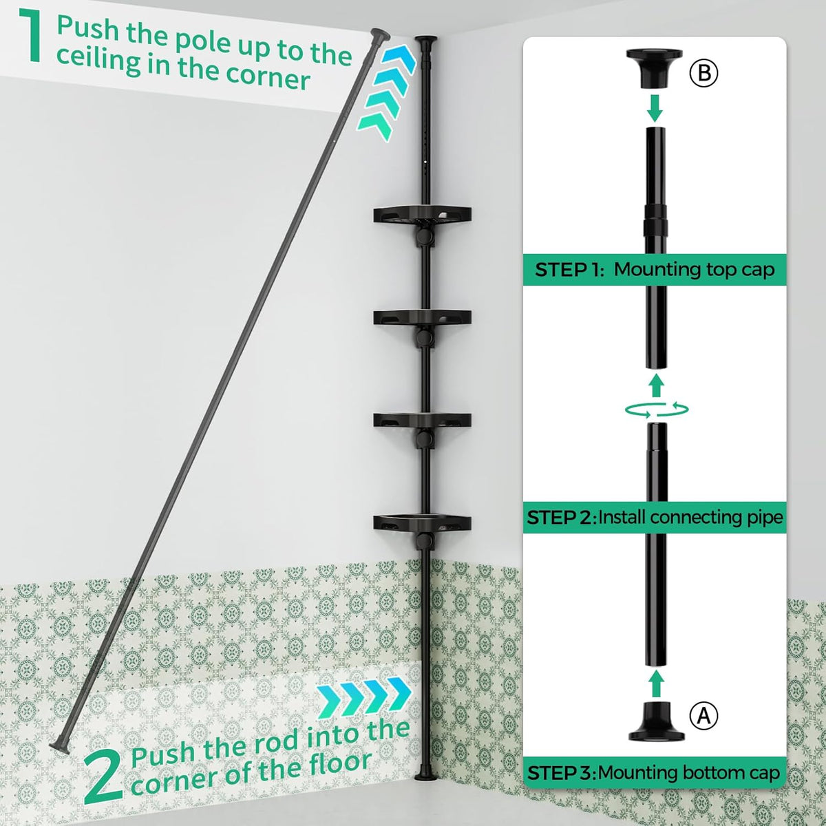 360° Rotating Corner Shower Caddy Tension Pole Organizer, Black