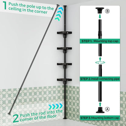 360° Rotating Corner Shower Caddy Tension Pole Organizer, Black