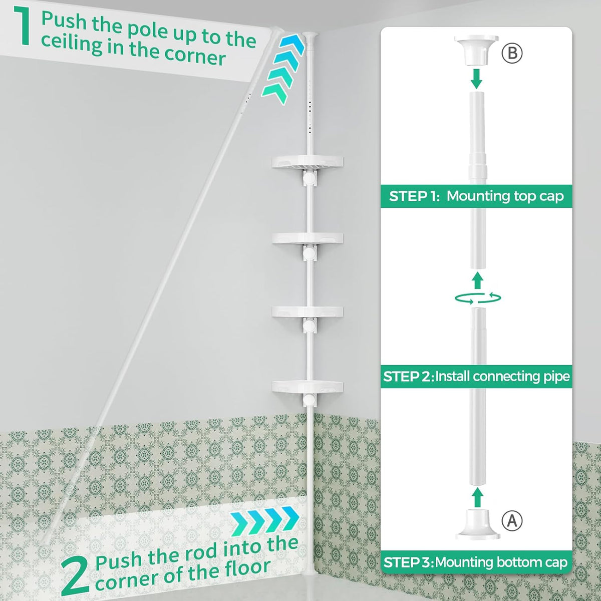 360° Rotating Corner Shower Caddy Tension Pole Organizer, Black