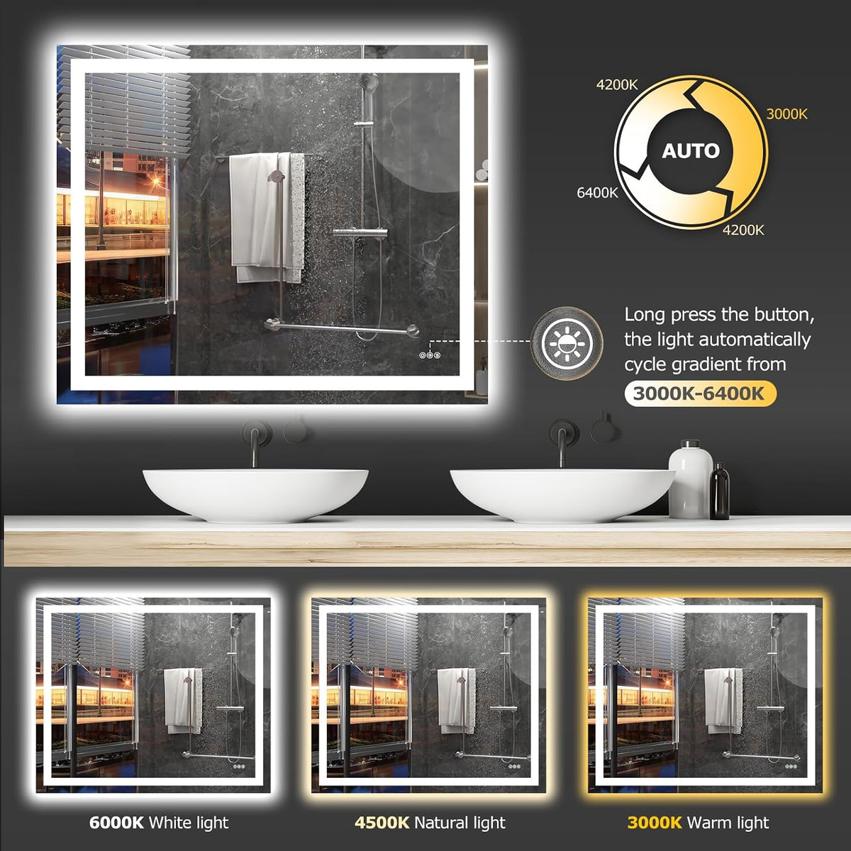 40"X32" LED Bathroom Mirror with Lights, UL Listed