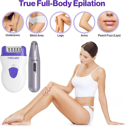 Corded Epilators for Body & Facial Hair Removal for Women Bundle, Batt-Oper | Dual Speed, Removes Hair From Root For Legs, Arms, Bikini Line, Upper Lip & Chin Area & Lasts 4-6 Weeks, 2AA Batteries Needed