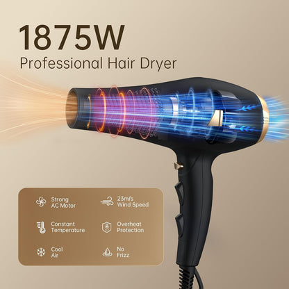 Hair Dryer Pro, Professional Ionic Salon Blow Dryer with Diffuser for Women and Men, 5X Fast Drying, Powerful and Quiet Hair Blow Dryer for Fast & Easy Styling (1875 Watts)